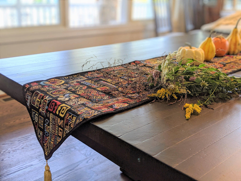 DaDa Bedding Set of 8 Pieces Ethnic Ornaments Table Woven Black Tapestry - 4 Placemats, 2 Table Runners, 2 Throw Pillow Covers (18118)