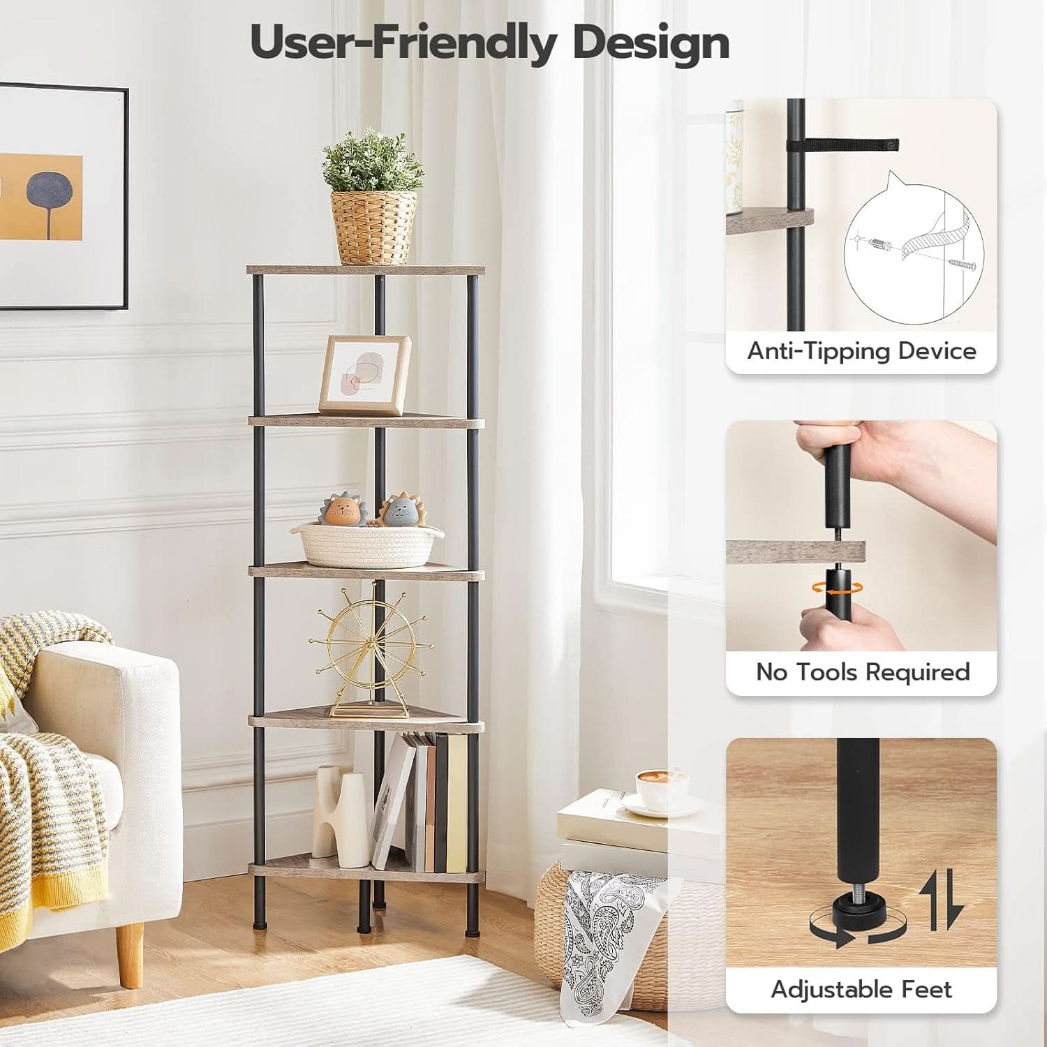 Industrial 5 Tier Corner Shelf Stand With Metal Frame