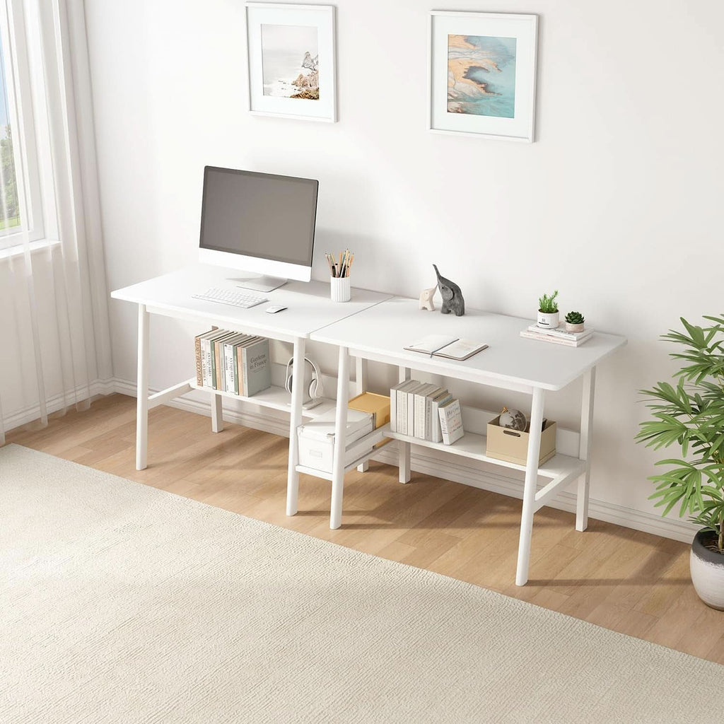 Two Person Desk With BuiltIn Bookshelf 79Inch White