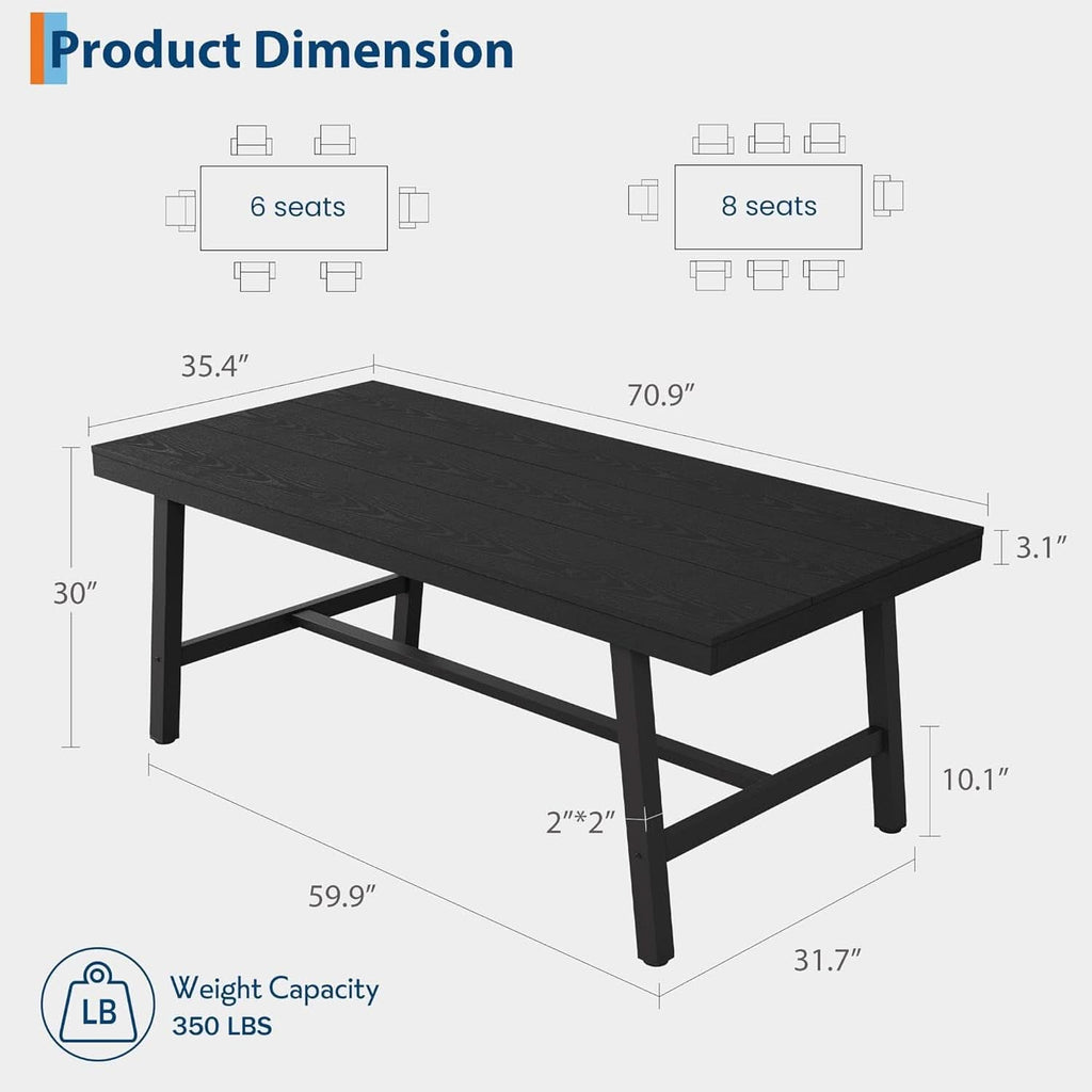 Industrial Wooden Dining Table 70 Inch Long Seats Six To Eight With Steel Frame