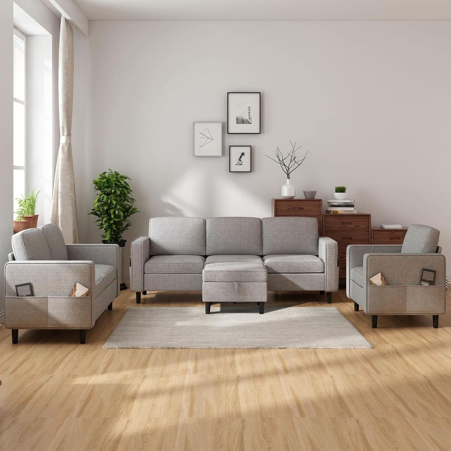 6 Seater Linen Fabric Sectional Sofa With Movable Storage Ottoman Light Grey