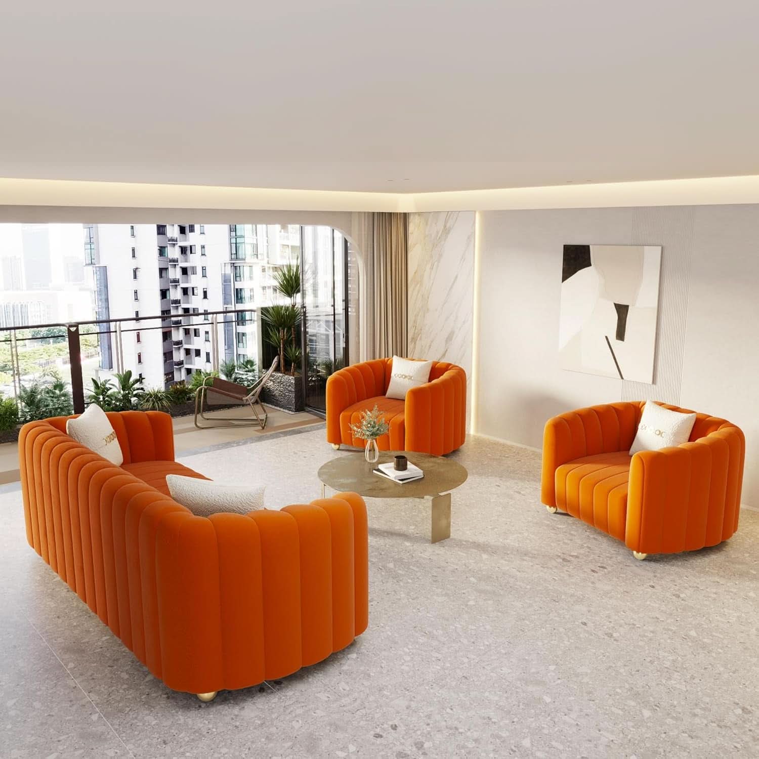 Orange Velvet Tufted Sofa Set With Gold Ball Legs Modern