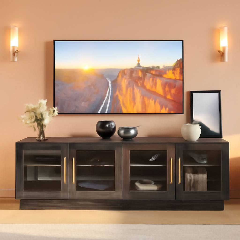 70 Inch TV Stand With Glass Cabinet Doors Modern Design