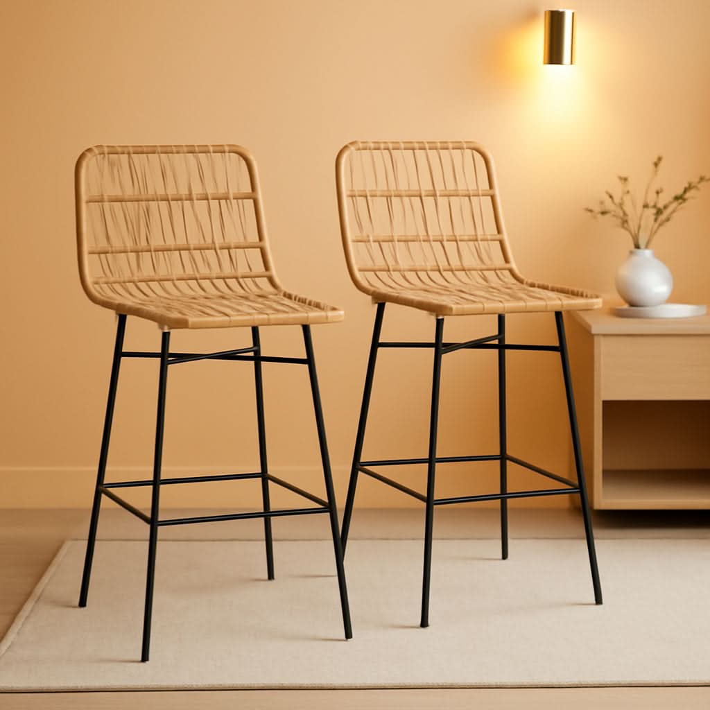 Rattan Counter Height Bar Stools Set Of 2 26 Inch Brown