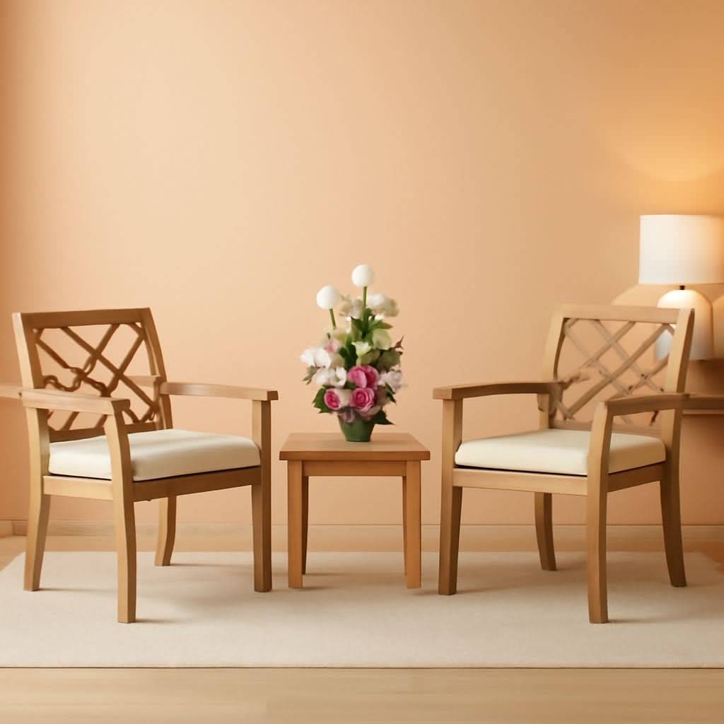 3 Piece Outdoor Patio Furniture Set Acacia Wood Cushioned Chairs And Coffee Table