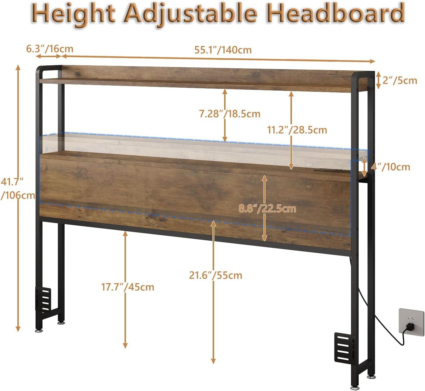 Adjustable Full Size Headboard with USB Ports and Storage