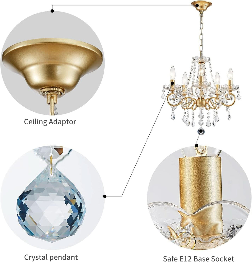 Gold Mini Crystal Chandelier With Five Bulbs Living Room