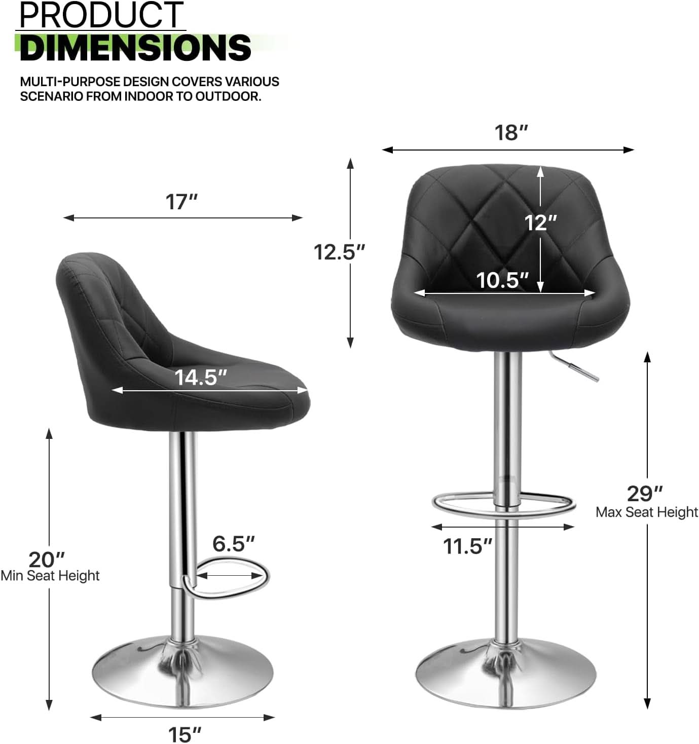 Bar Stools Set of 2 Adjustable Swivel Black Counter Height