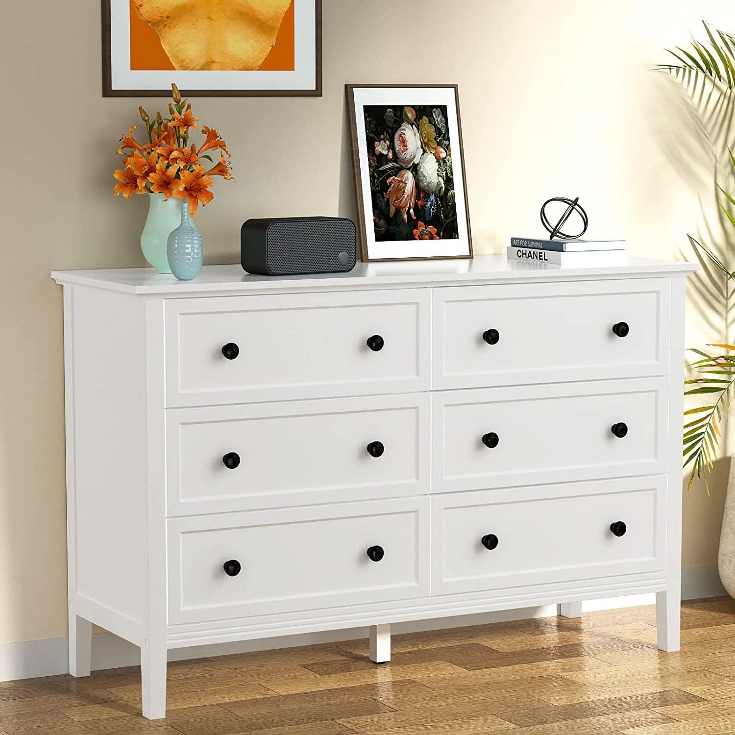 Modern White 6-Drawer Dresser With Metal Handles Bedroom