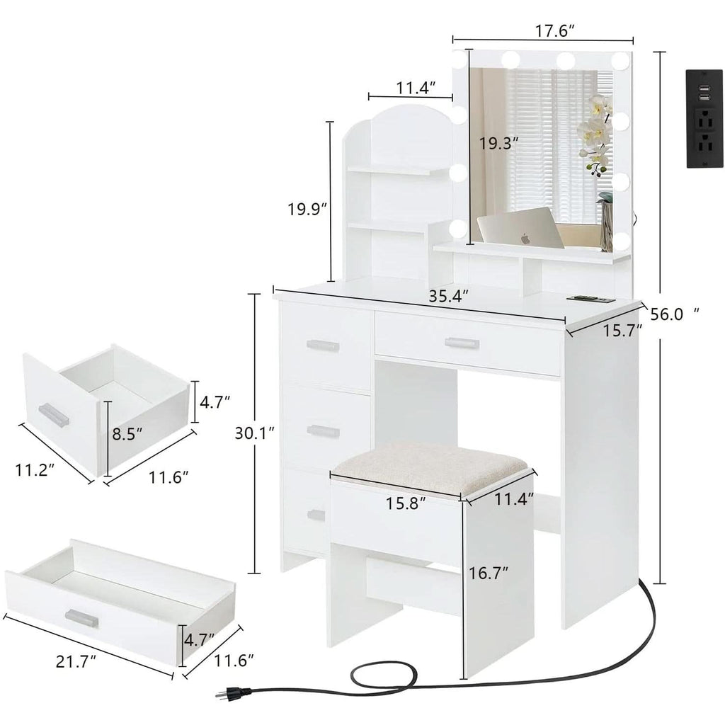 White Vanity Desk With Lighted Mirror And Charging Station