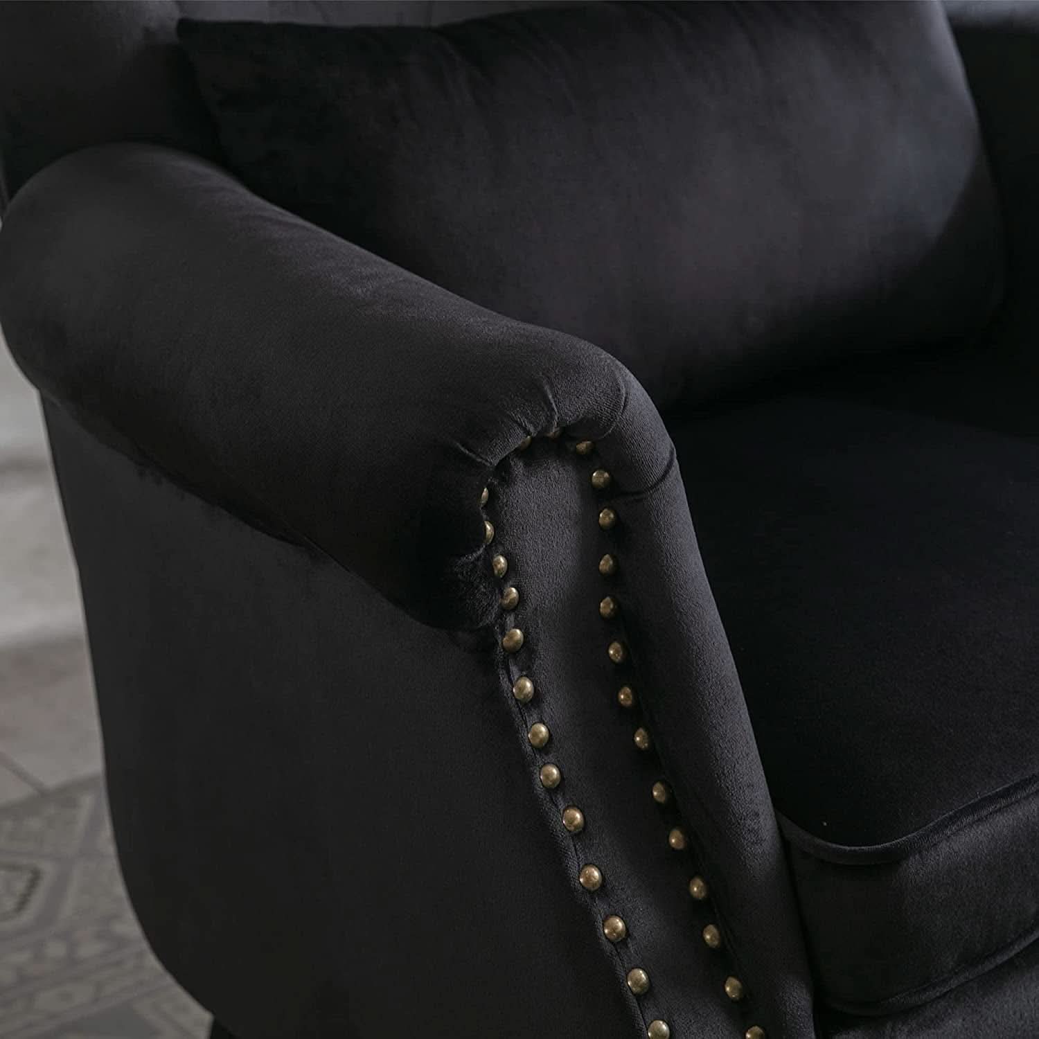 Elegant Black Velvet Wingback Chair With Ottoman Set