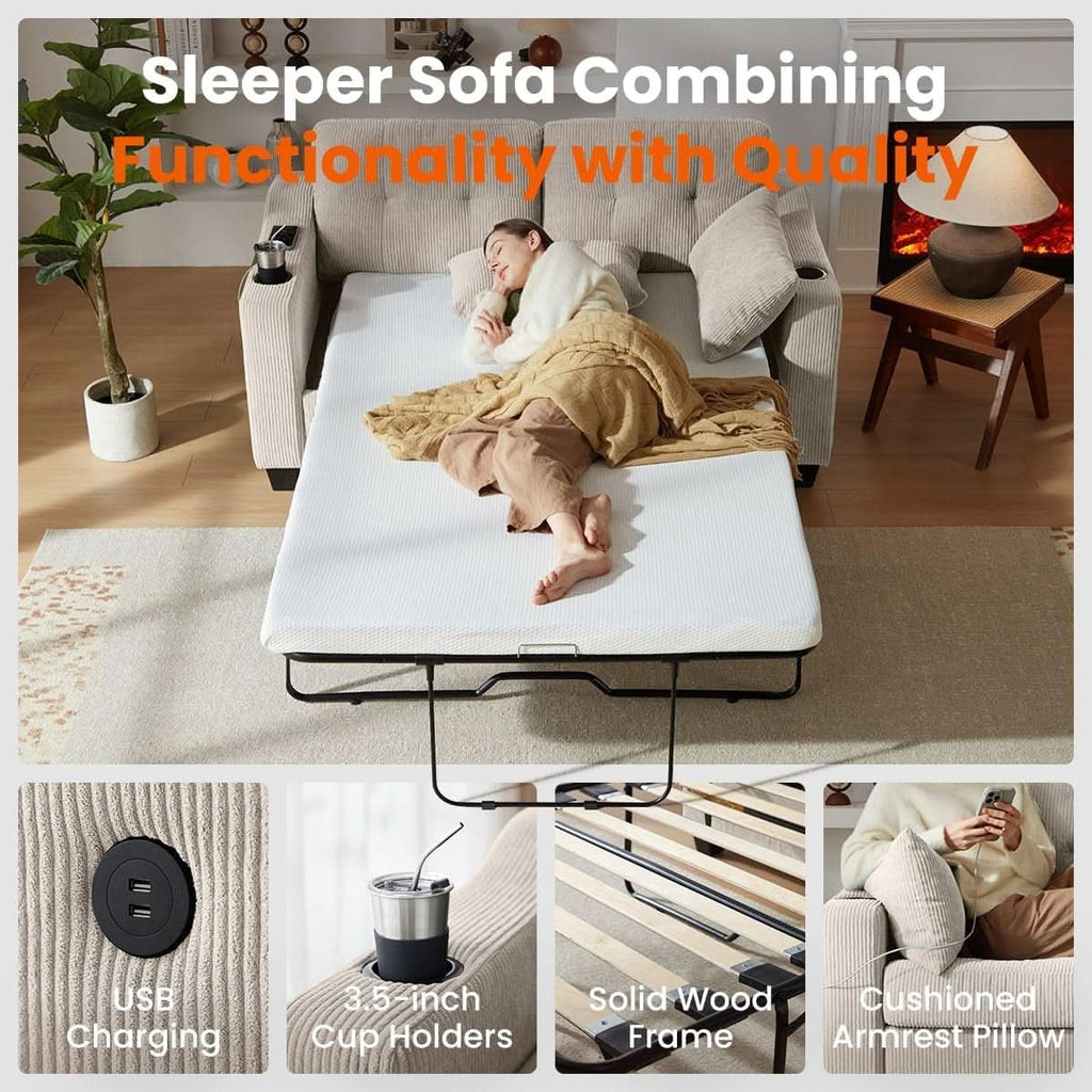 Full Size Corduroy Transformable Sofa Bed USBChargingPort