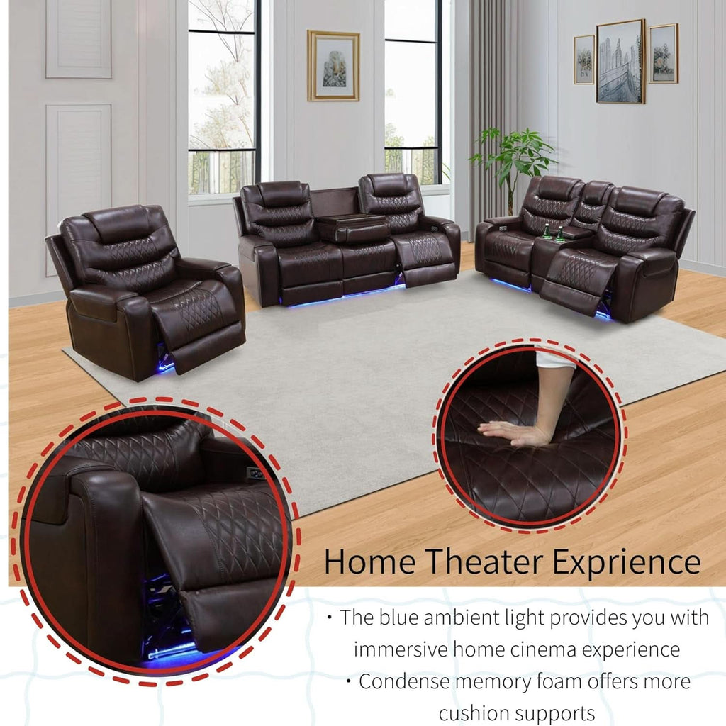 Power Reclining Sofa Set With USB Ports In Wine Leather