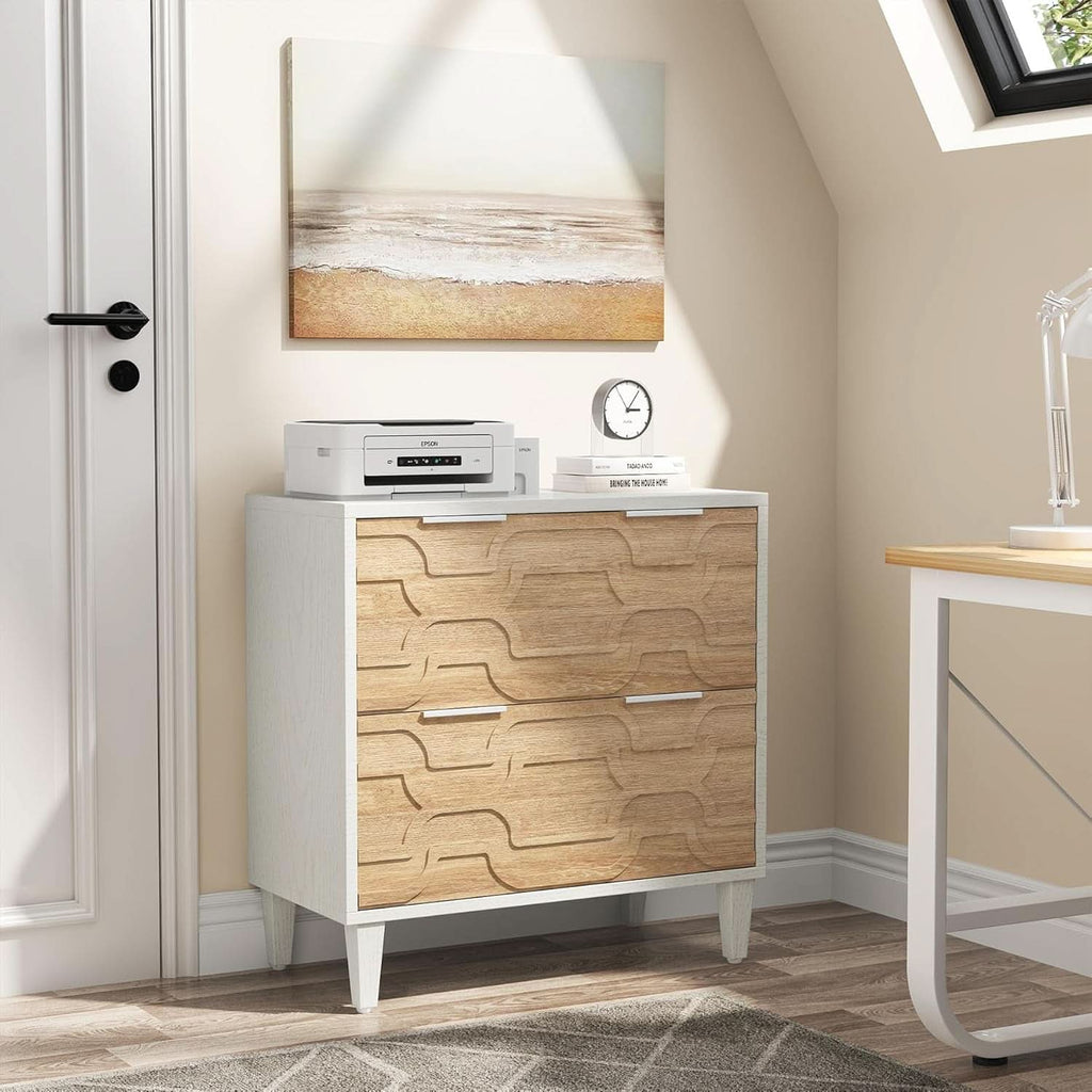 Two Drawer Lateral File Cabinet For A4 Letter And Legal Size Documents White And Walnut Printer Stand
