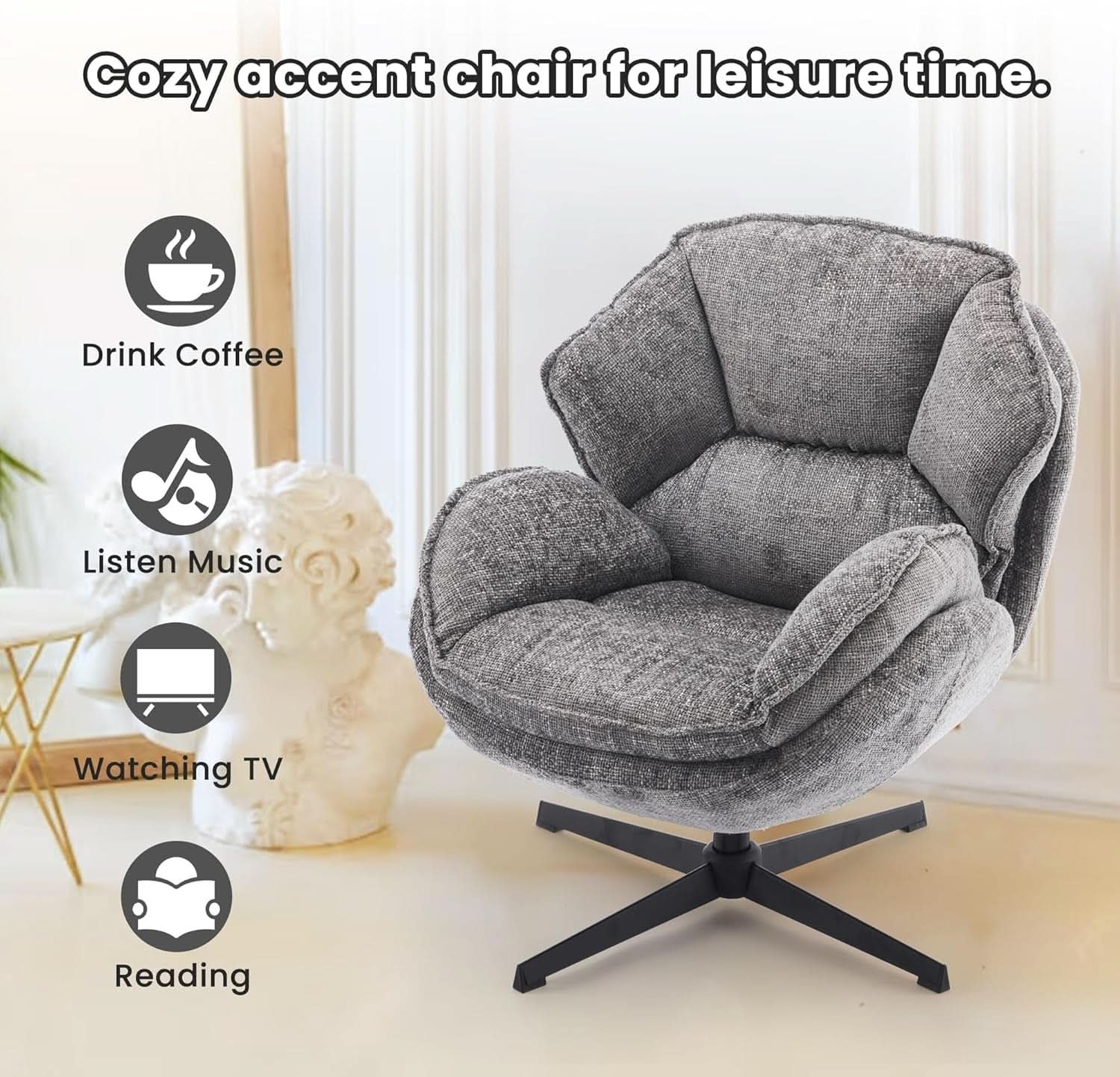 Gray Swivel Upholstered Accent Chair With Metal Legs