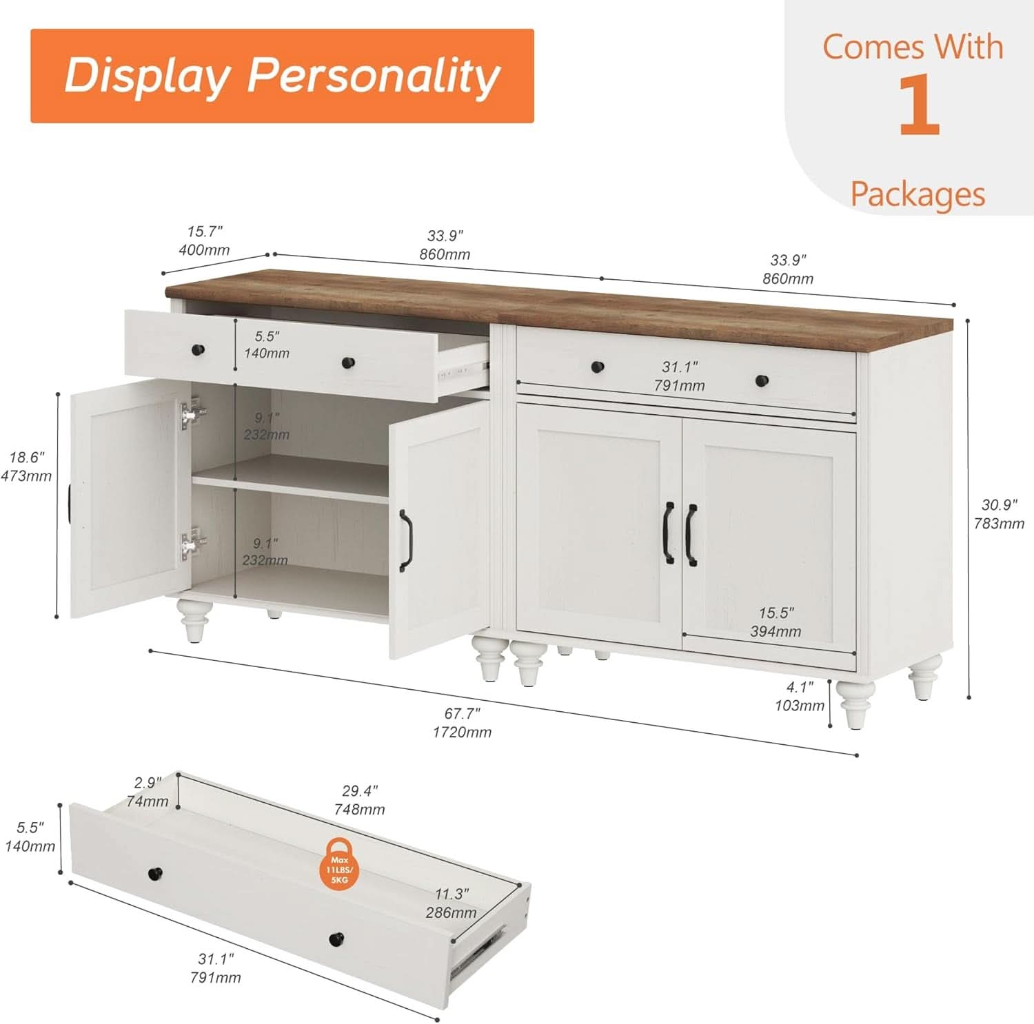68 Inch Buffet Cabinet With Storage Modern Farmhouse