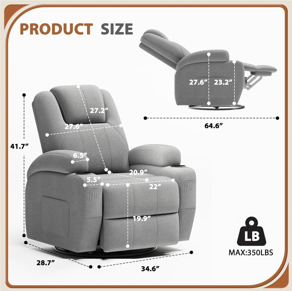 Gray Fabric Swivel Rocker Recliner With Vibration Massage