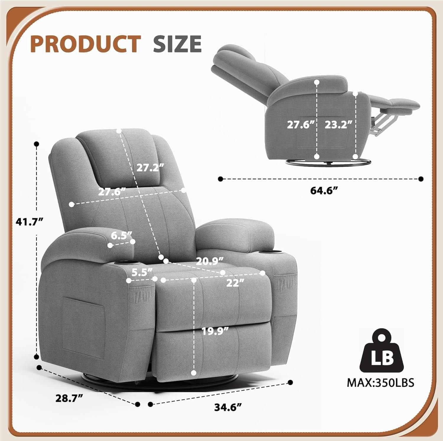 Gray Fabric Swivel Rocker Recliner With Vibration Massage