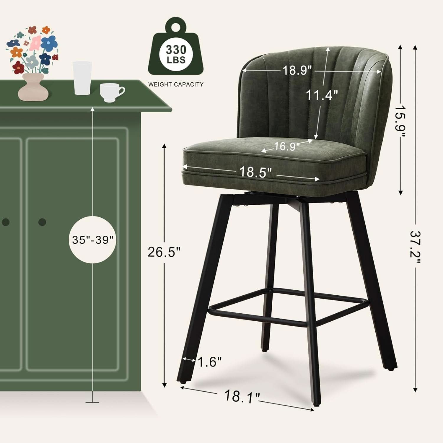 Swivel Counter Height Bar Stools Set of 4 26 Inch Green Faux Leather