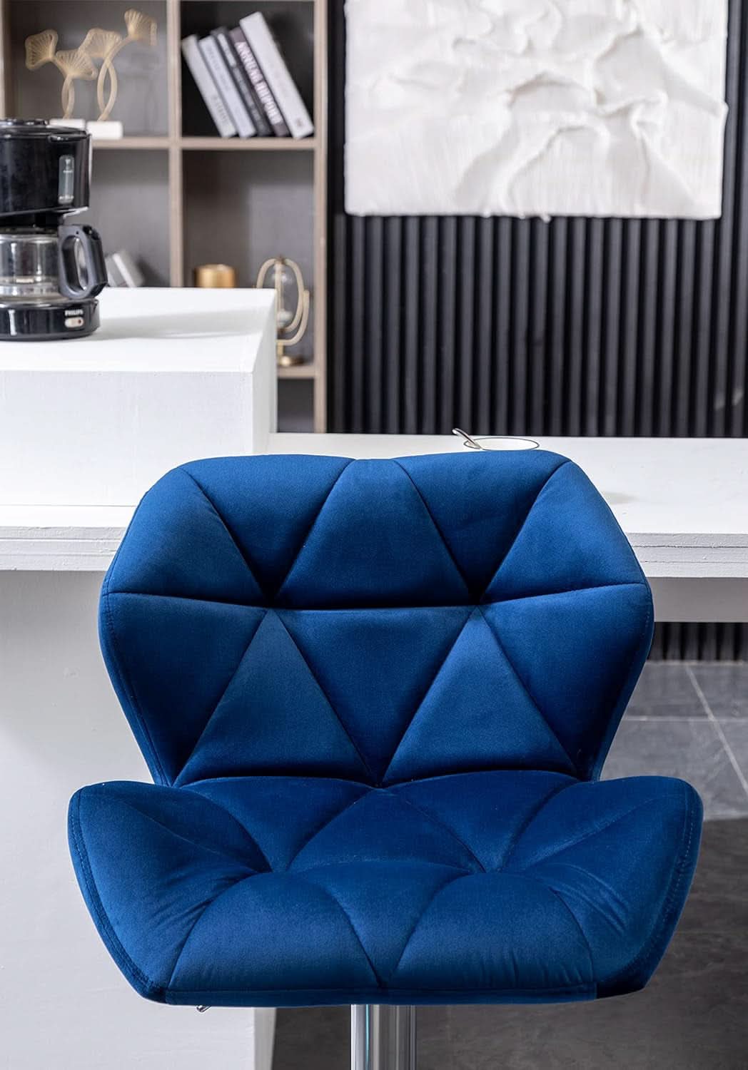 Velvet Diamond Tufted Swivel Barstools Blue Adjustable Height Set of 2