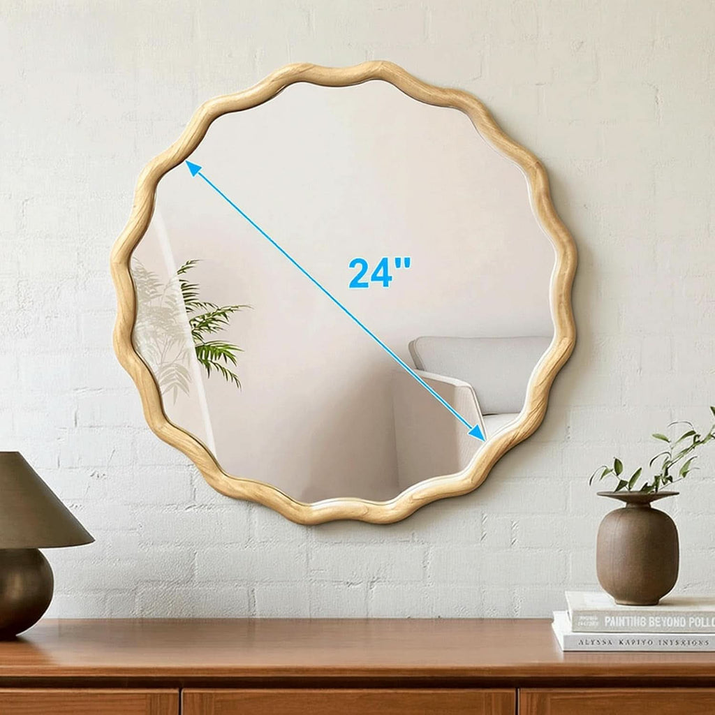 Round Wood Wall Mirror 24 Inch Shatterproof Glass Mounted