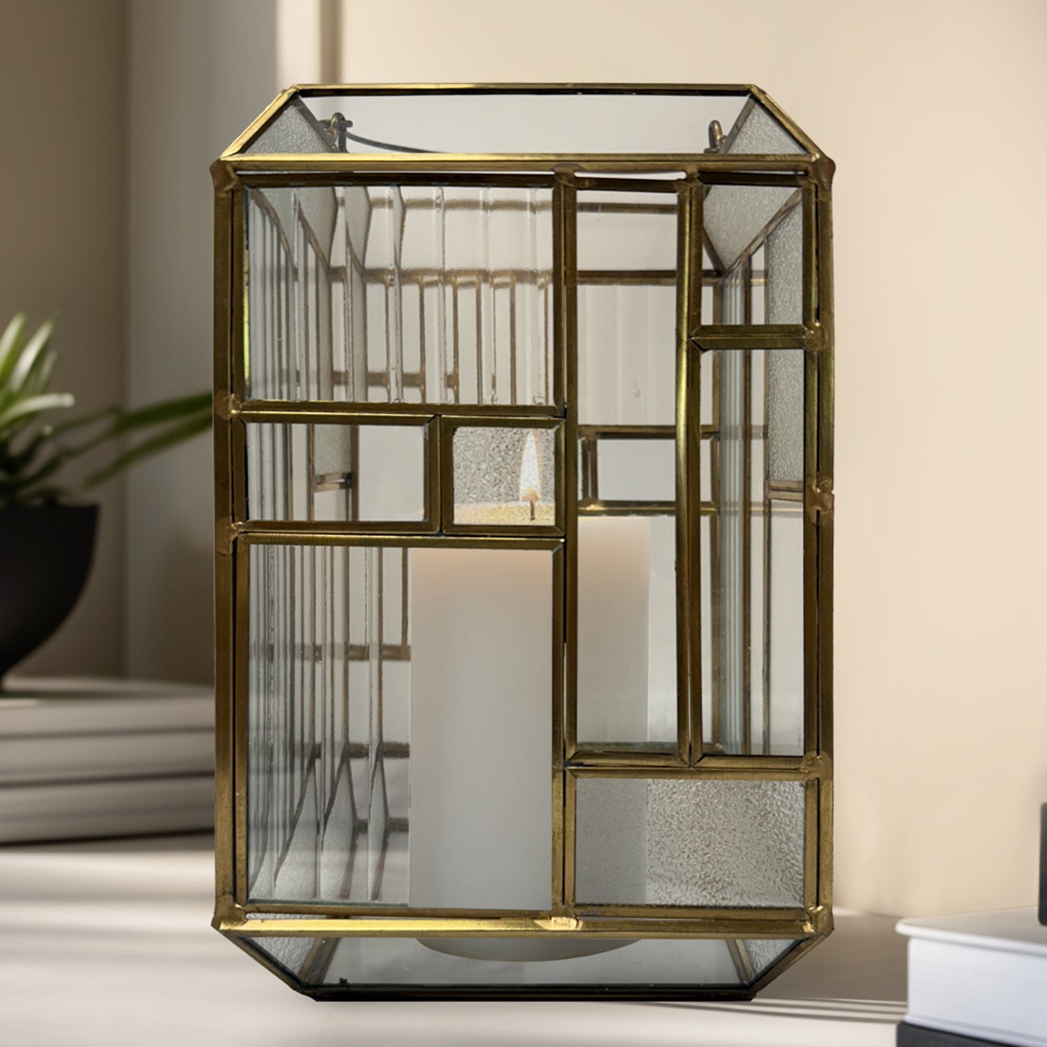 Gold Metal Frame and Glass Candle Holder Lantern
