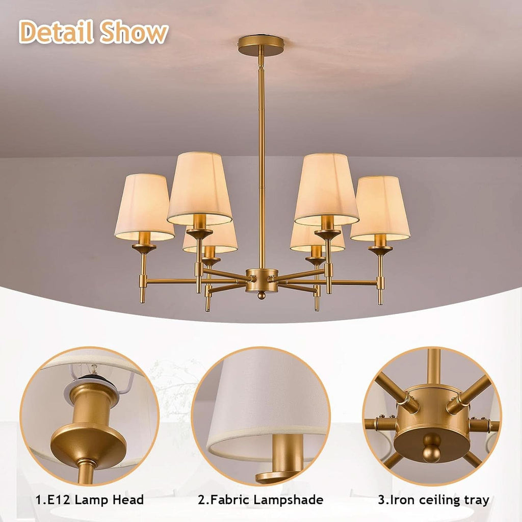 Gold Farmhouse Chandelier 6 Light Linen Shade Fixture