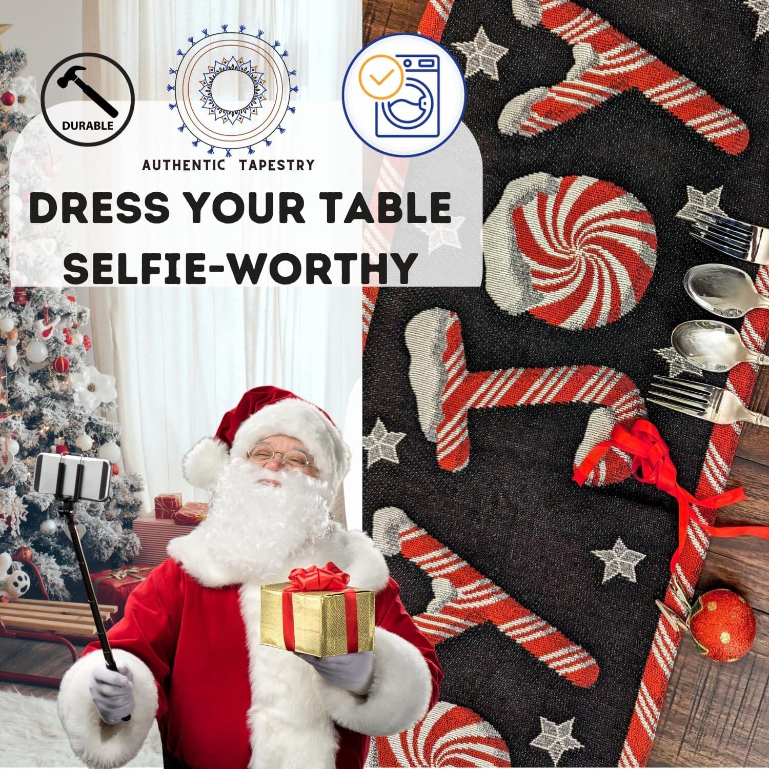 DaDa Bedding Peppermint Joy Red Black Holiday Tapestry Dining Table Runner (12904)