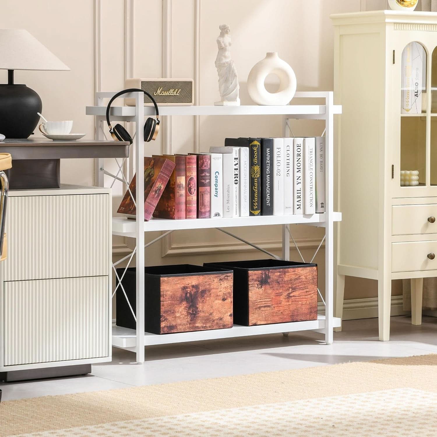3 Tier White Bookshelf Open Shelving Unit For Home Office