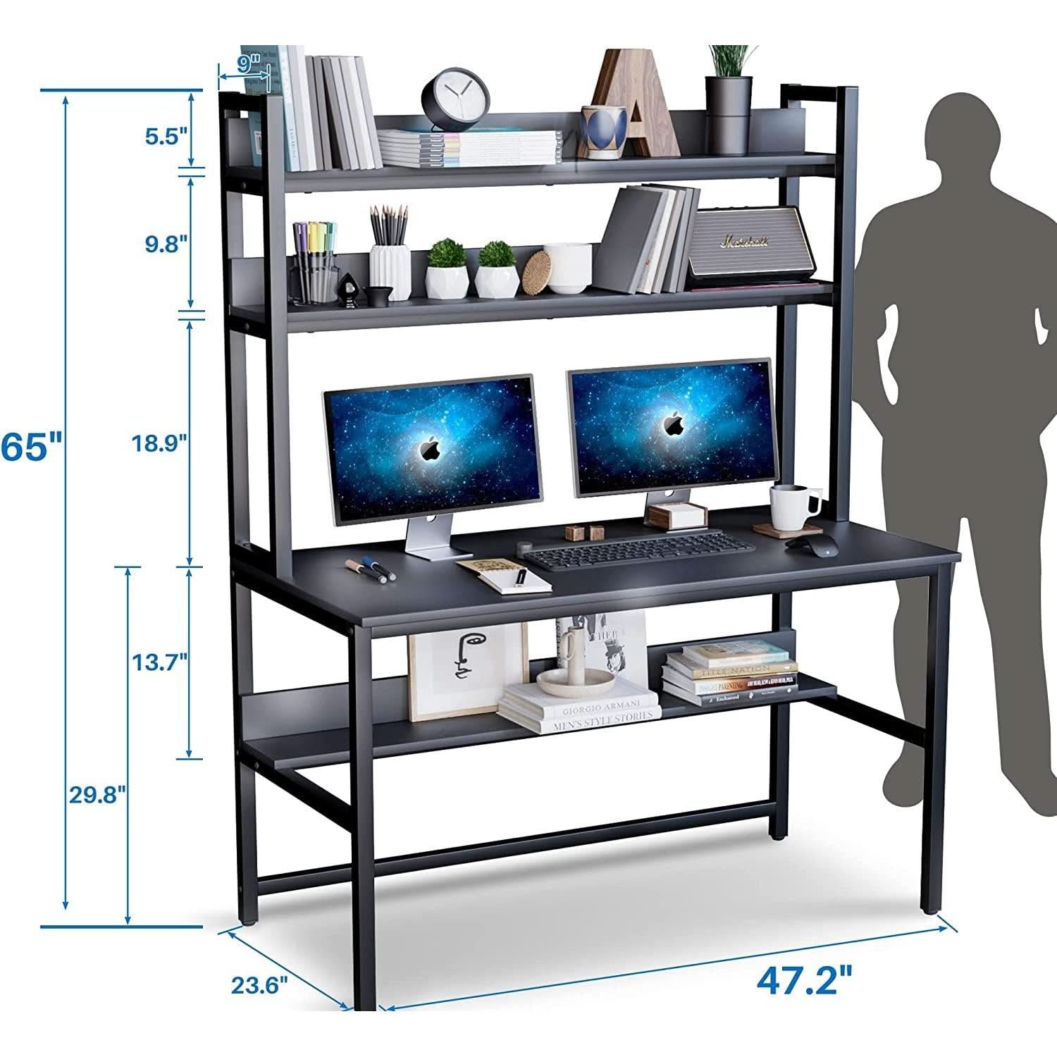 Black Computer Desk With Hutch And Bookshelf Extra Large Desktop