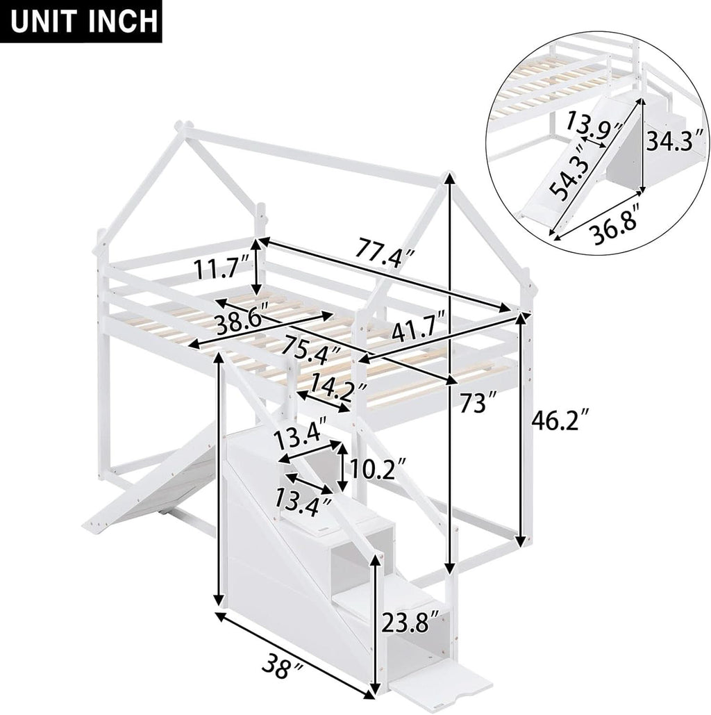 White House Twin Over Twin Bunk Bed With Slide And Stairs