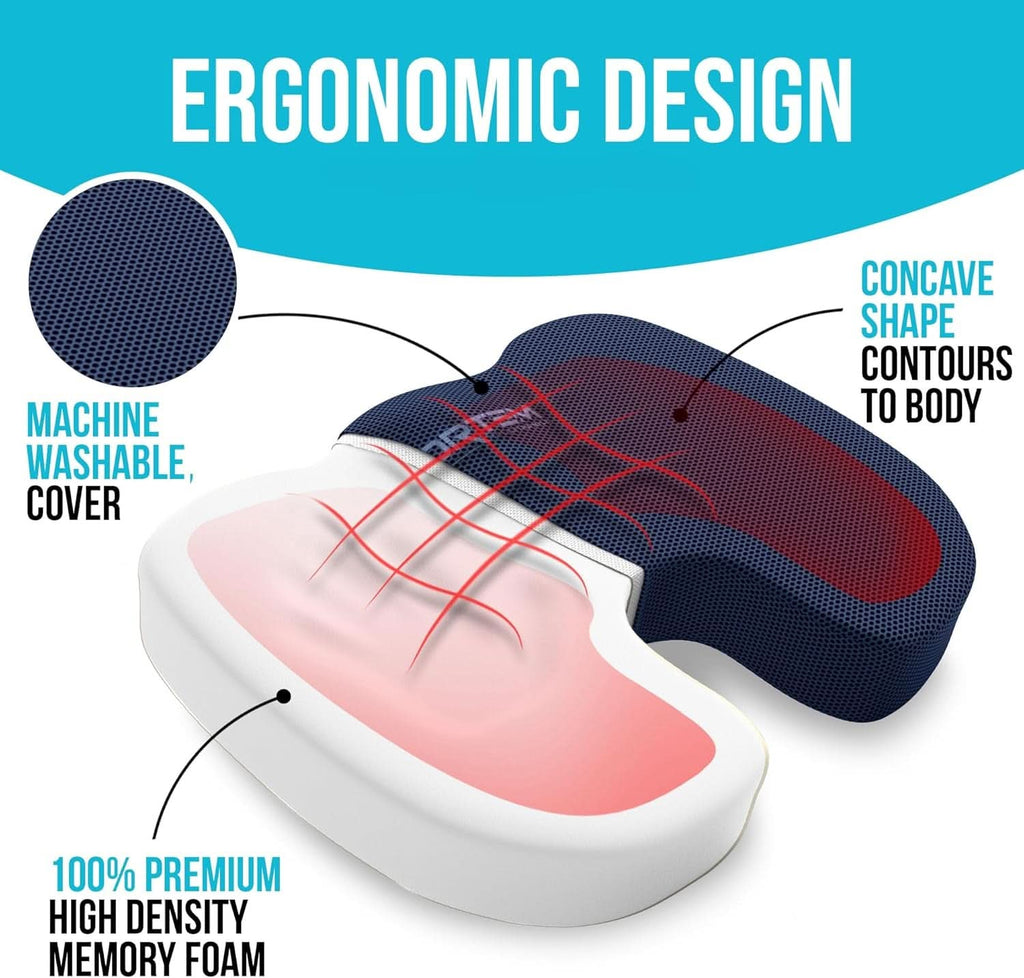 XL Memory Foam Seat Cushion With Lumbar Support Non Slip