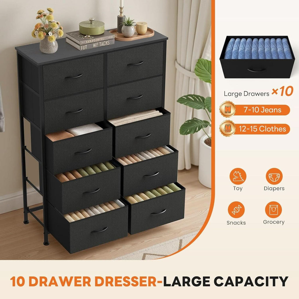 10 Drawer Dresser With Black Premium Fabric Finish And Durable Metal Frame For Bedroom Storage And Organization