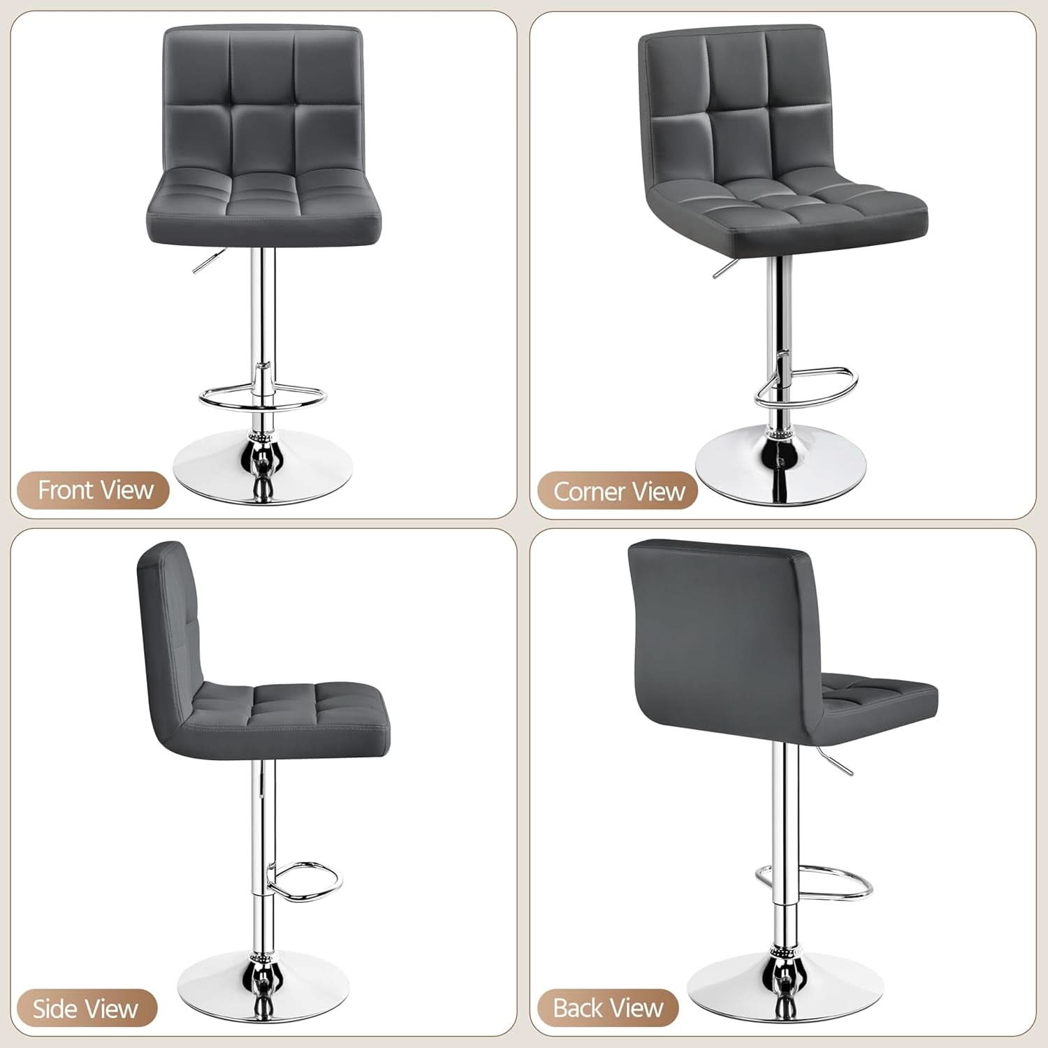 Bar Stools Set of 2, PU Leather Swivel Backrest, Gray