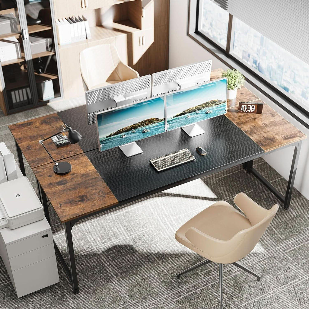 80 Inch Rustic Brown And Black Gaming Desk With Storage