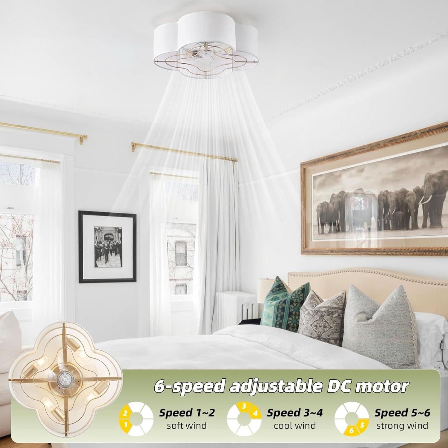 20 Inch Boho White Ceiling Fan With Light Remote Flush Mount