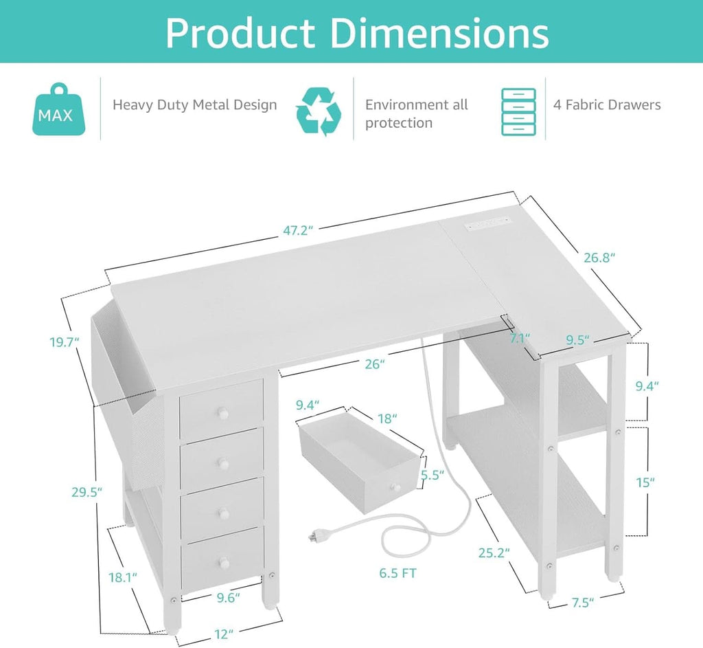 White 47 Inch L Shaped Corner Desk With Reversible Storage