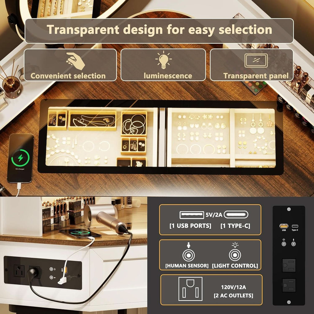 White Corner Vanity Mirror With Built In Charging Station