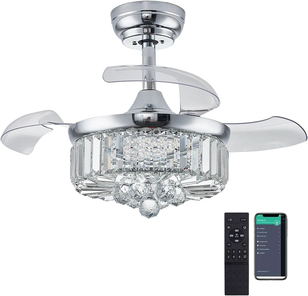 30 Inch Crystal Chandelier Ceiling Fan With Retractable Blades