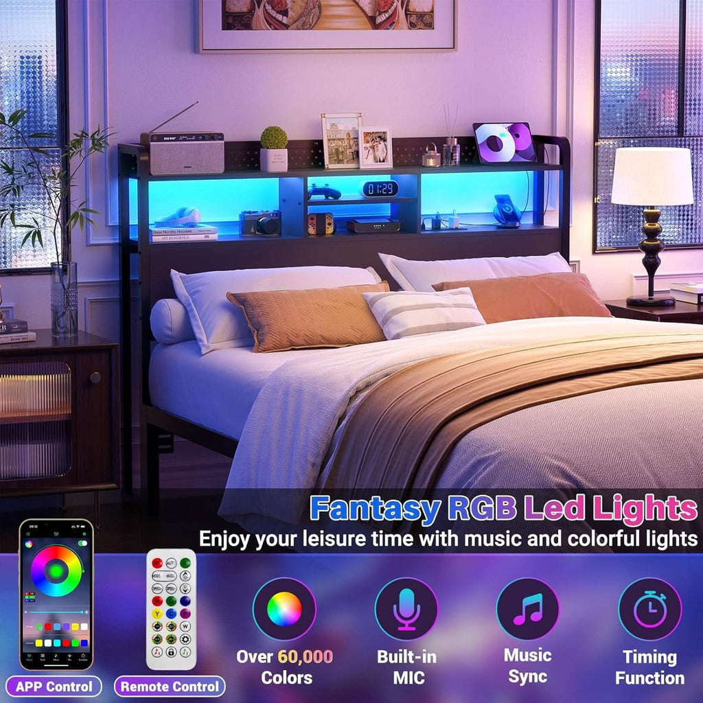 Queen Size Headboard with USB Ports and LED Light