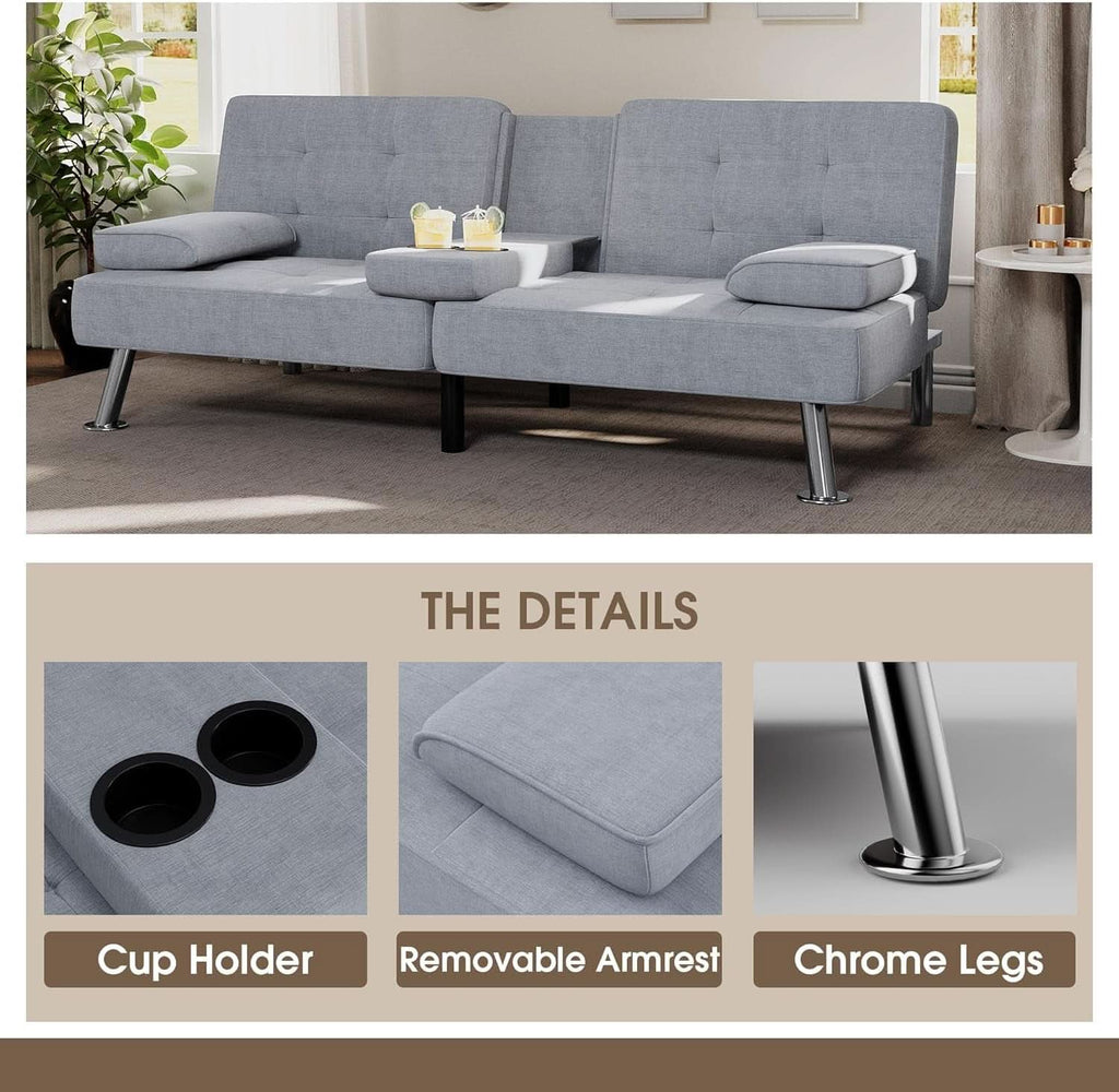 Futon Sofa Bed Light Grey Linen With Cup Holders Removable Armrests