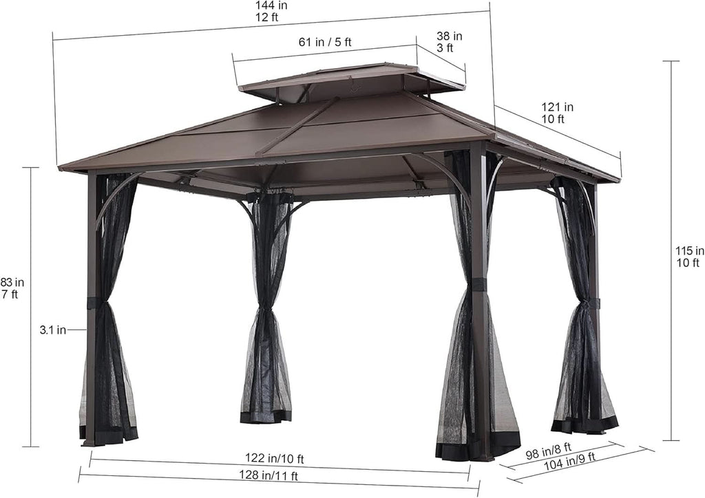 10x12 Brown Hardtop Gazebo With Steel Frame And Netting For Outdoor Patio Garden Canopy Shelter
