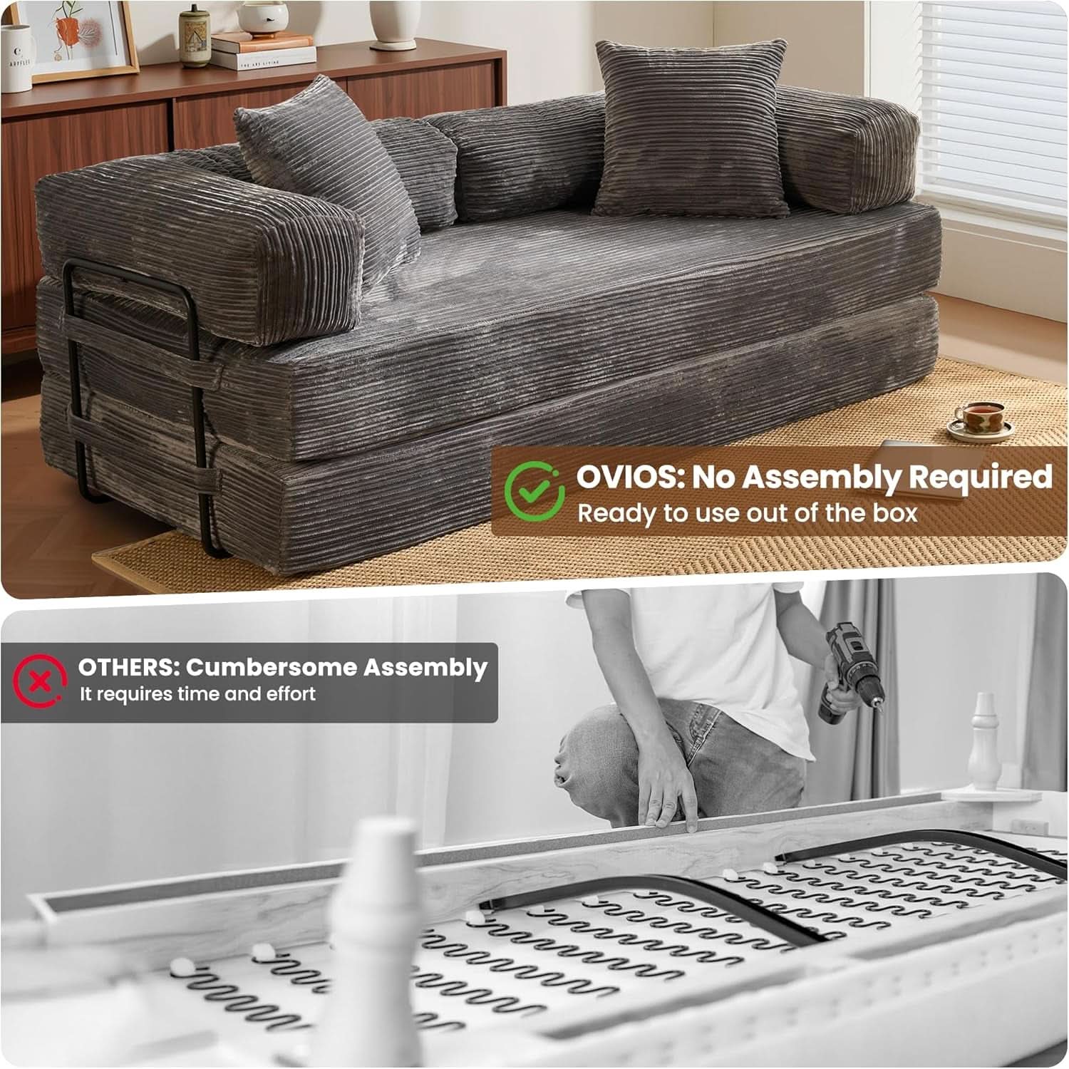 Grey Corduroy 81 Inch Ultracomfort Foldable SofaBed