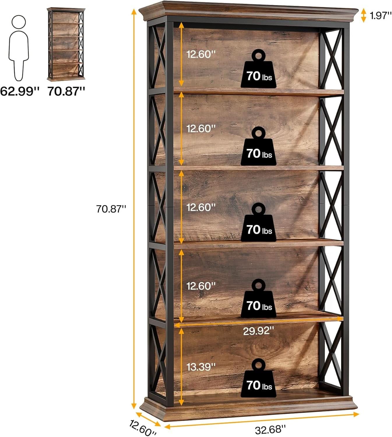 Six Tier Bookcase 71 Inch Industrial Storage Shelf