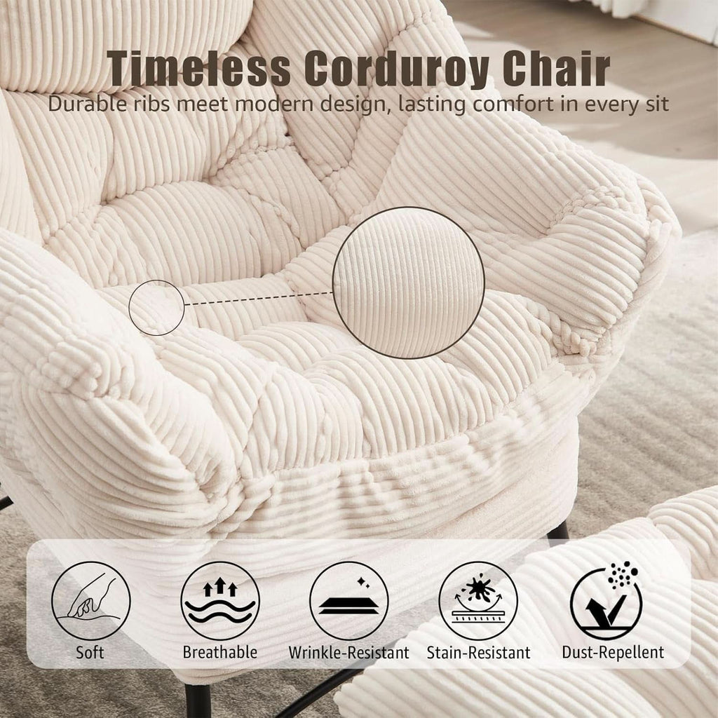 Oversized White Corduroy Reading Chair With Ottoman