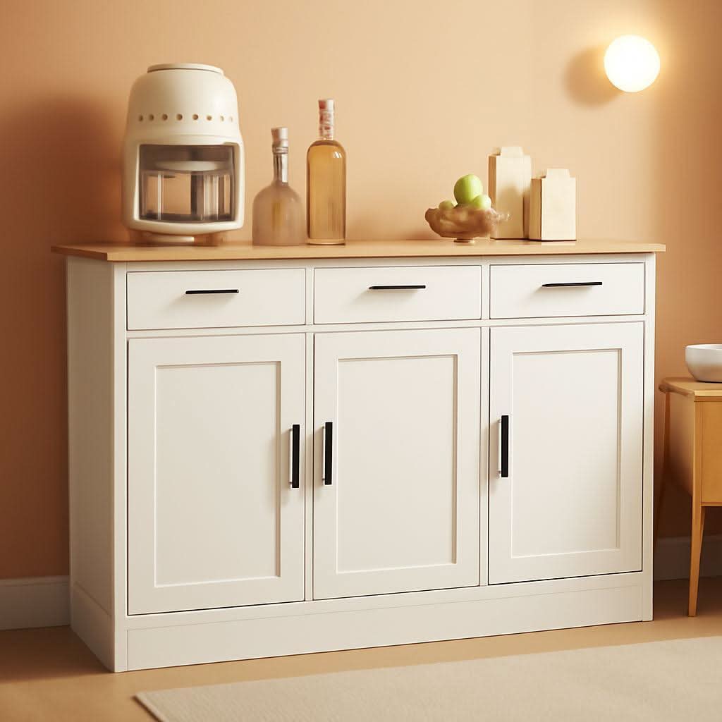 White Buffet Cabinet 47W Oak Top With 3 Doors And 3 Drawers