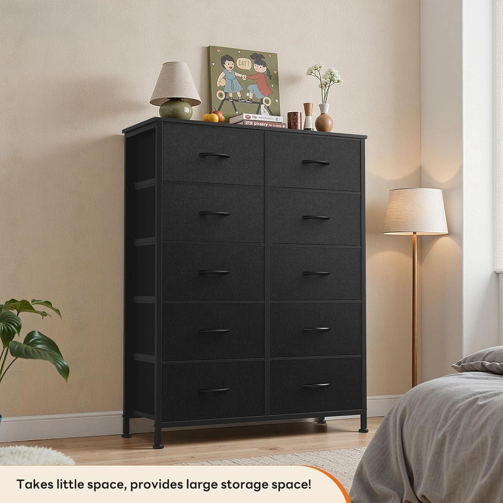 10 Drawer Dresser With Black Premium Fabric Finish And Durable Metal Frame For Bedroom Storage And Organization