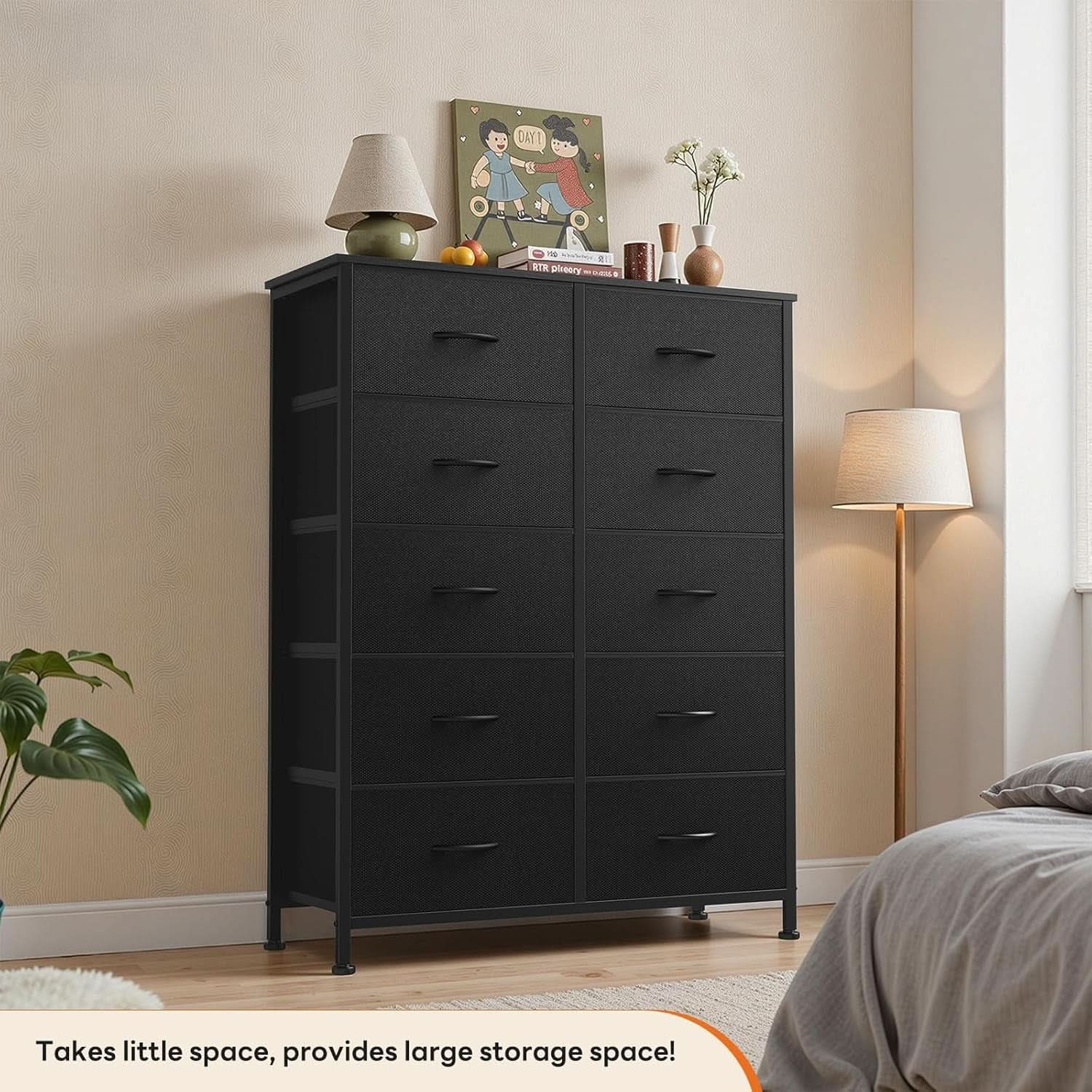 10 Drawer Dresser With Black Premium Fabric Finish And Durable Metal Frame For Bedroom Storage And Organization