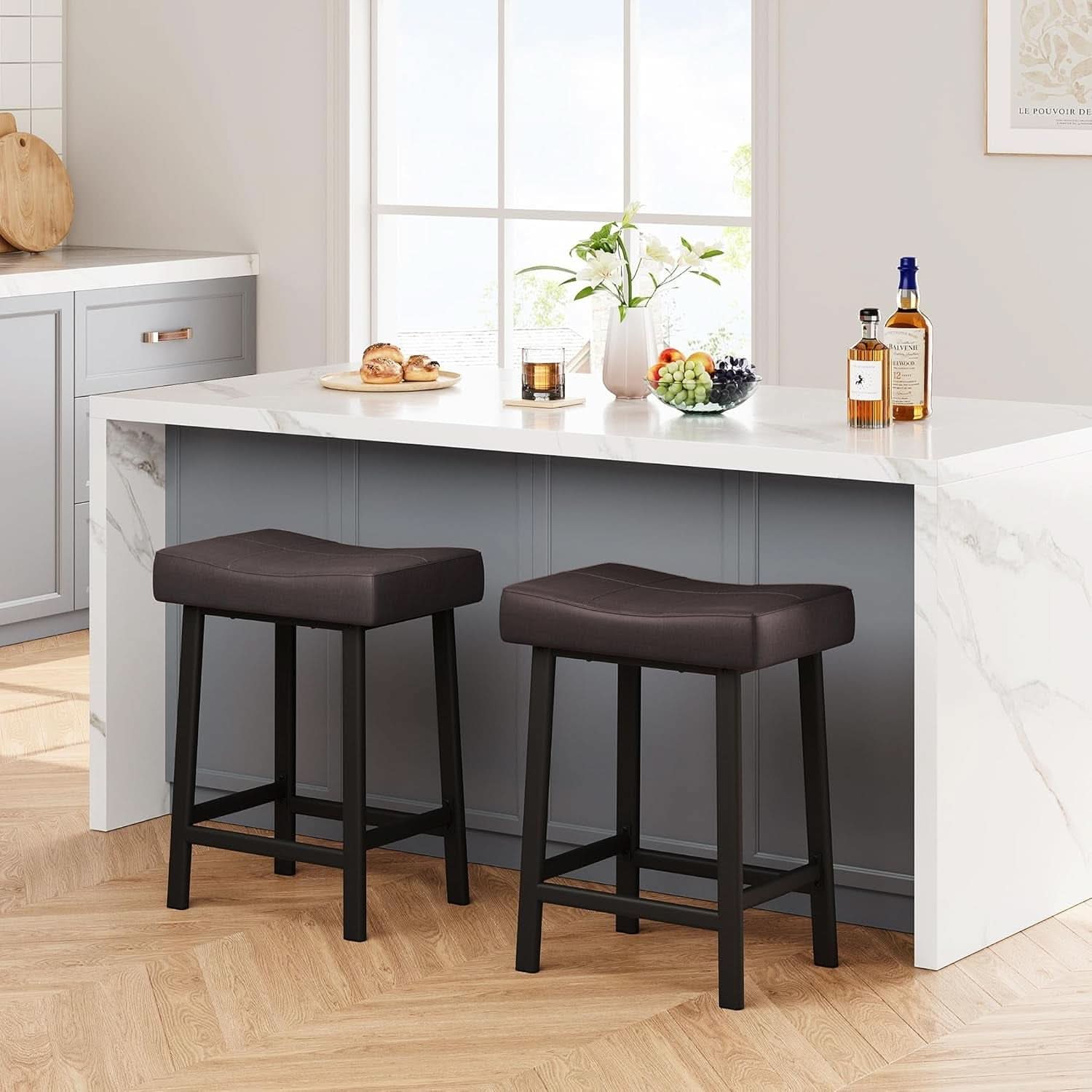 24 Inch Backless Saddle Bar Stools Two Pack, Counter Height Upholstered Padded Seats With Curved Surface, Brown
