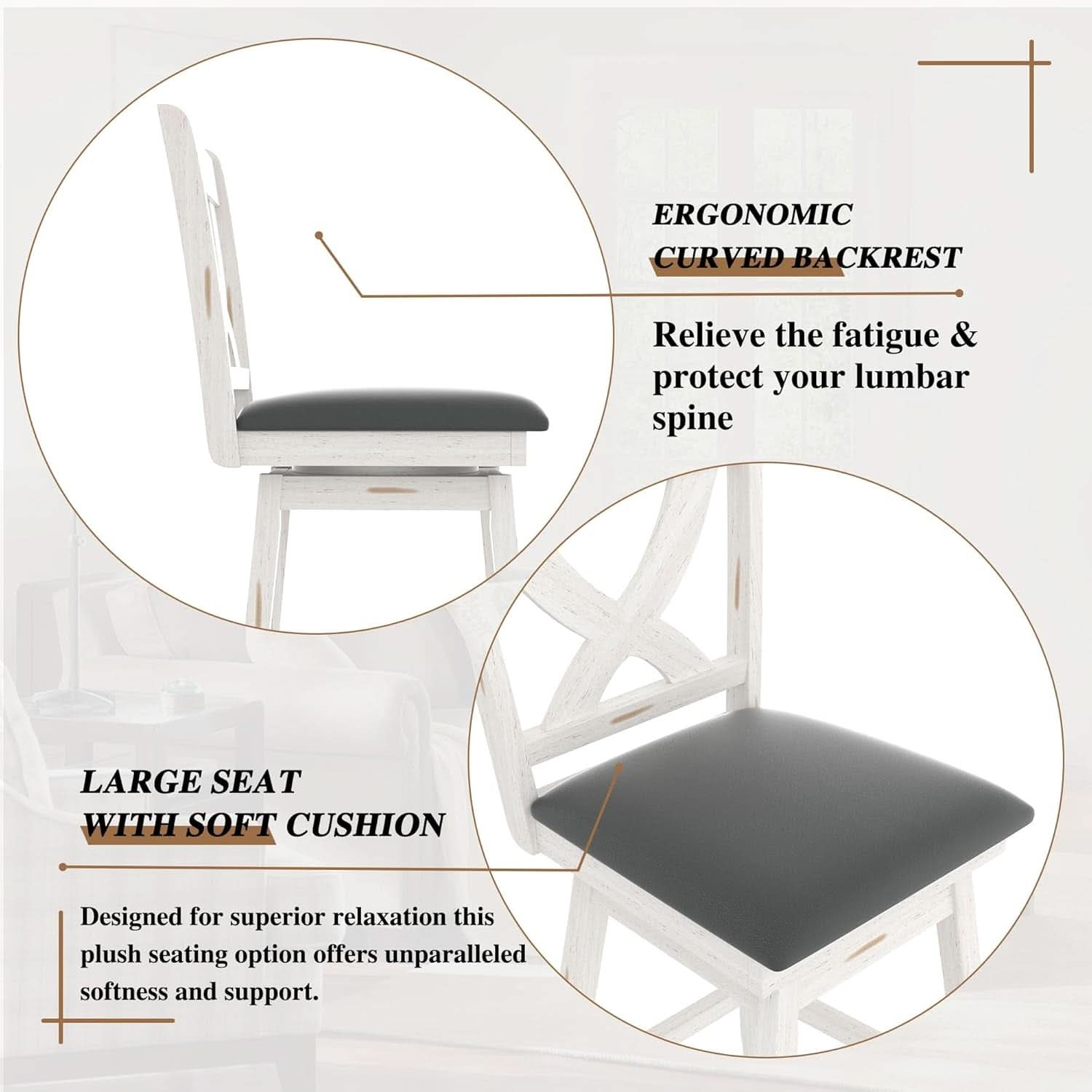 24 Inch Counter Height Bar Stools With 360 Degree Swivel And Grey Faux Leather Seat